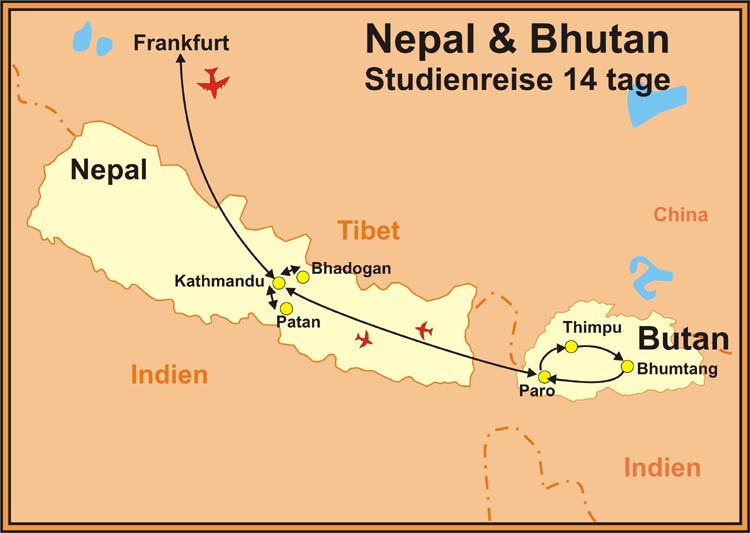 Karte Bhutan Reisen+Nepal Reisen