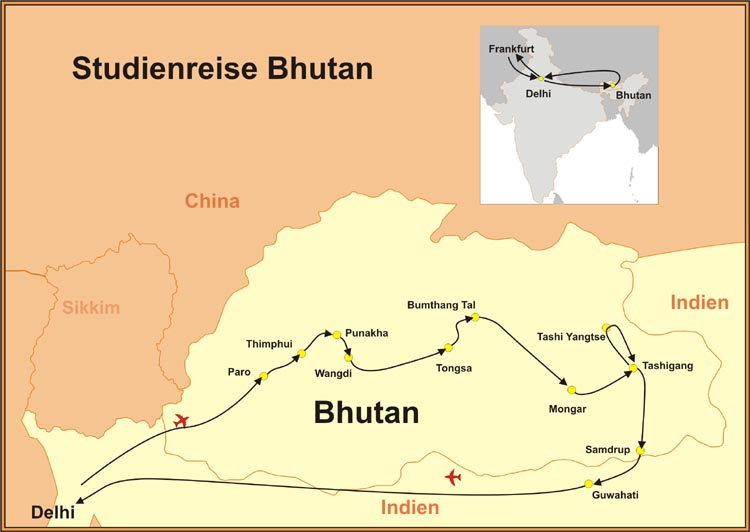 Karte der Bhutan Reise